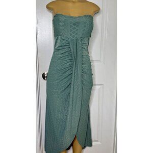 Strapless Teal Green Maxi Dress Ruched Front Eyelet Lace Detail CHICME Brand Siz